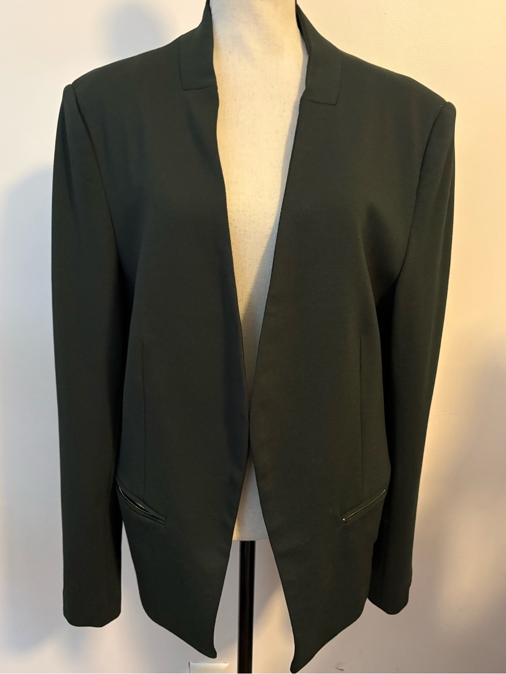 Women’s Black Open Front Blazer Long Sleeve Tailored Stretch Zip Pocket- SZ  16